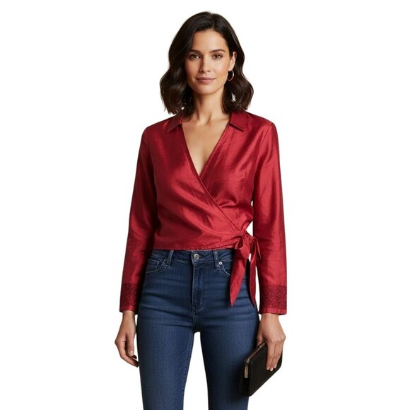 Ann Taylor 100% Silk Red Embroidered Cuff Wrap Blouse Size 8 - Picture 1 of 5